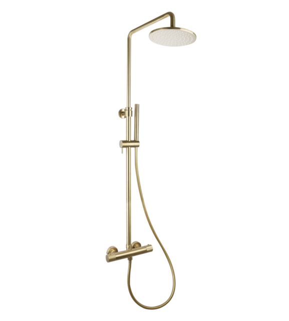 Regendouche set Ribbed Goud geborsteld Rond Opbouw met thermostaat Hoofddouche 20cm