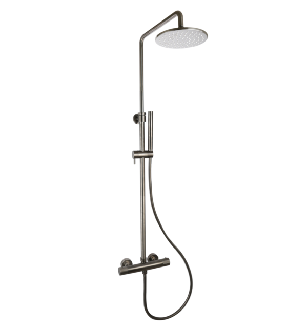 Regendouche set Ribbed Gun Metal Rond Opbouw met thermostaat Hoofddouche 20cm
