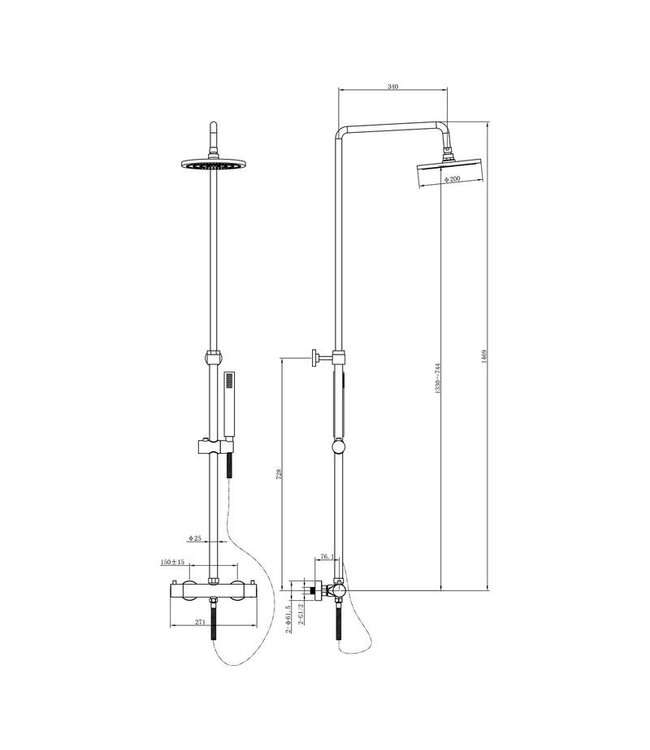 SANI-SUPPLY Regendouche set Ribbed Goud geborsteld Rond Opbouw met thermostaat Hoofddouche 20cm