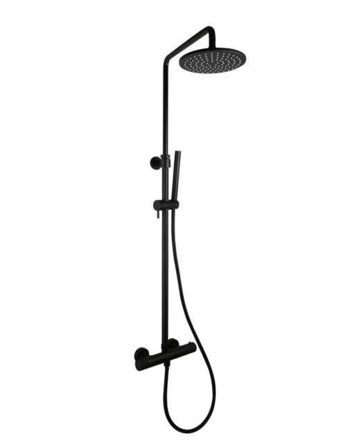 Regendouche set Ribbed Mat Zwart Rond Opbouw met thermostaat Hoofddouche 20cm