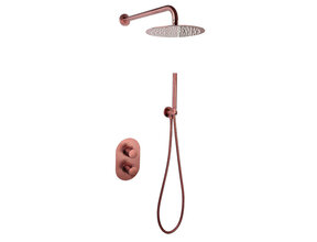 Regendouche set Inbouw Ribbed Koper Brons Rond 25cm Hoofddouche met haandouche en muurbeugel
