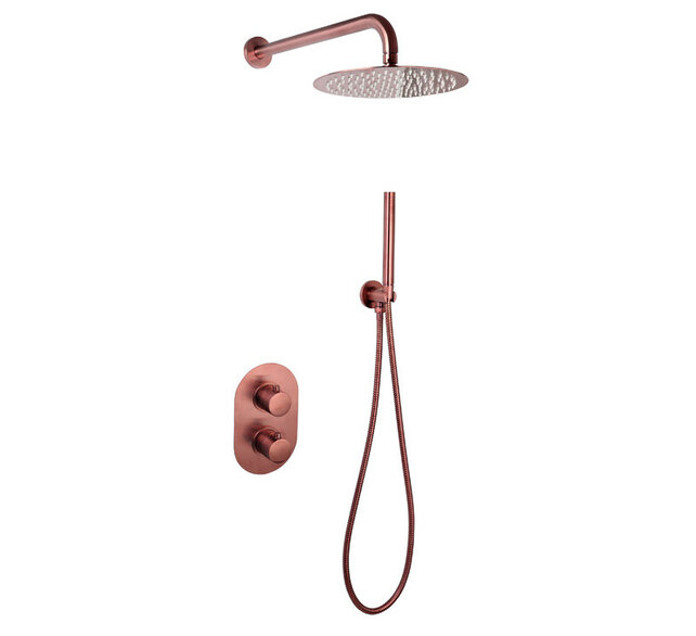 Regendouche set Inbouw Ribbed Koper Brons Rond 25cm Hoofddouche met haandouche en muurbeugel