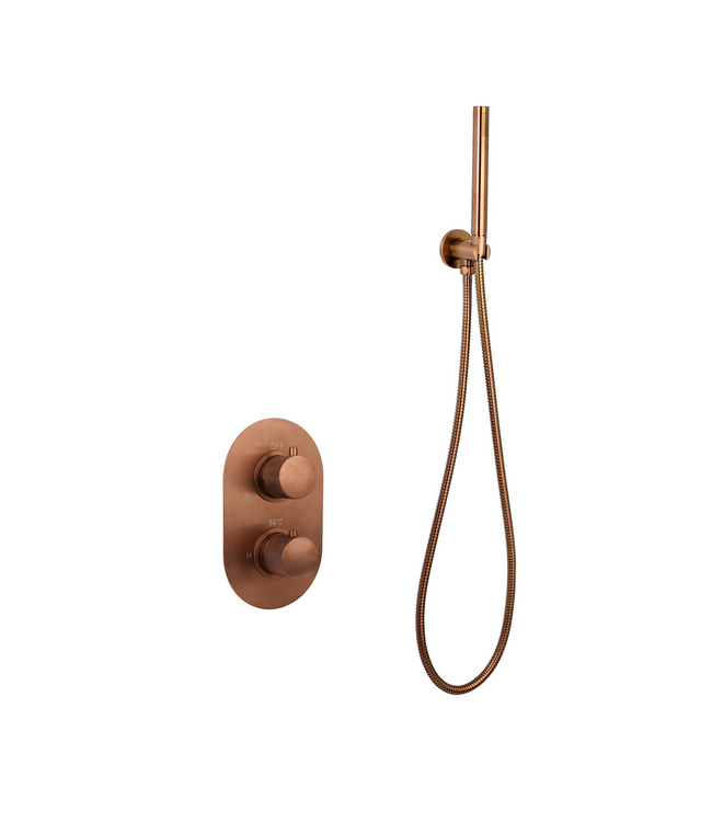 Regendouche set Inbouw Ribbed Koper Brons Rond 25cm Hoofddouche met haandouche en muurbeugel