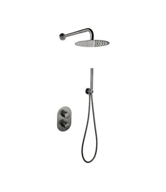 SANI-SUPPLY Regendouche set Inbouw Ribbed Gun Metal Rond 25cm Hoofddouche met handouche en muurbeugel