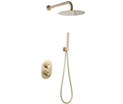 Regendouche set Inbouw Ribbed Geborsteld Goud Rond 25cm Hoofddouche met handouche en muurbeugel Regendouche set Inbouw Ribbed Geborsteld Goud Rond 25cm Hoofddouche met handouche en muurbeugel