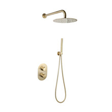 Regendouche set Inbouw Ribbed Geborsteld Goud Rond 25cm Hoofddouche met handouche en muurbeugel