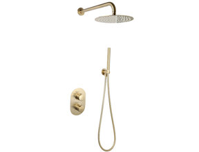 Regendouche set Inbouw Ribbed Geborsteld Goud Rond 25cm Hoofddouche met handouche en muurbeugel