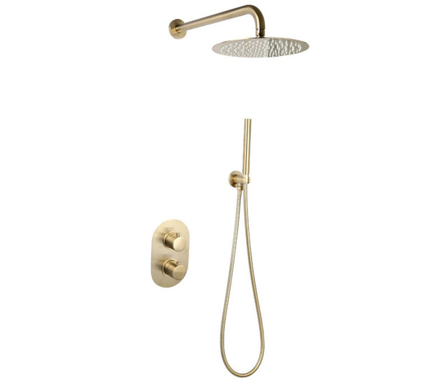 Regendouche set Inbouw Ribbed Geborsteld Goud Rond 25cm Hoofddouche met handouche en muurbeugel Regendouche set Inbouw Ribbed Geborsteld Goud Rond 25cm Hoofddouche met handouche en muurbeugel