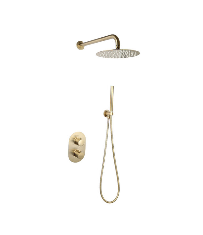 Regendouche set Inbouw Ribbed Geborsteld Goud Rond 25cm Hoofddouche met handouche en muurbeugel