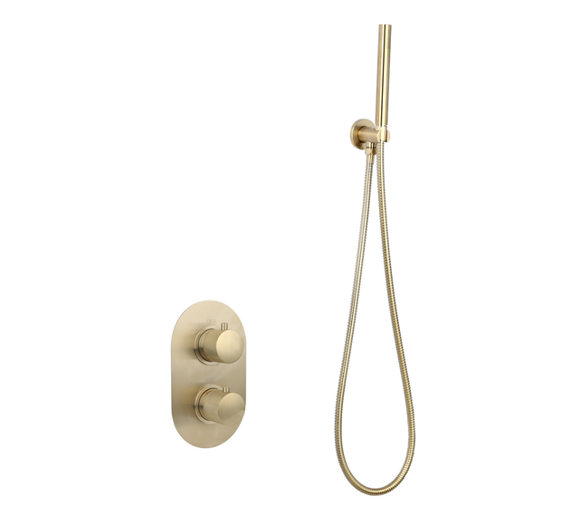 Regendouche set Inbouw Ribbed Geborsteld Goud Rond 25cm Hoofddouche met handouche en muurbeugel Regendouche set Inbouw Ribbed Geborsteld Goud Rond 25cm Hoofddouche met handouche en muurbeugel