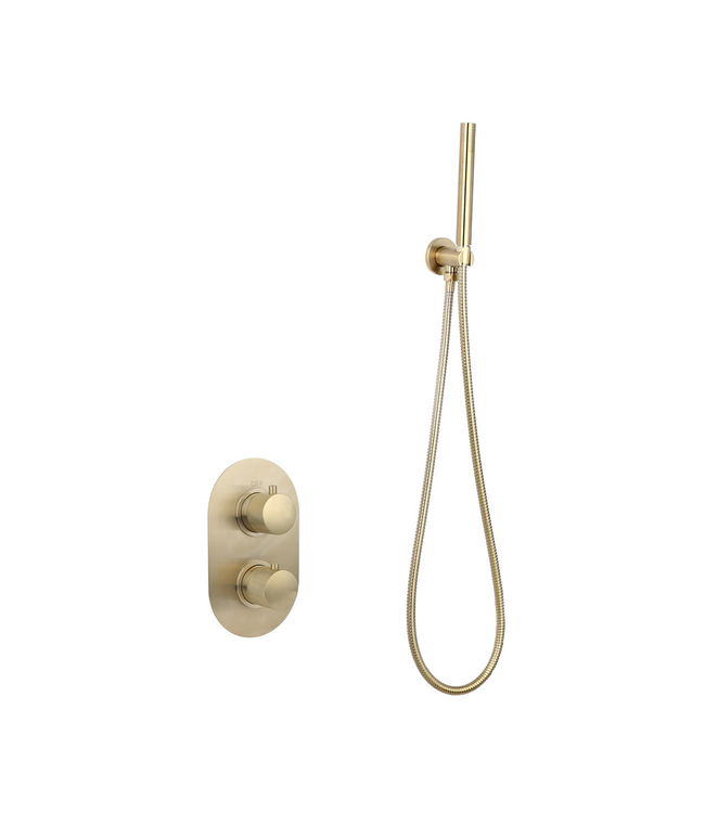 Regendouche set Inbouw Ribbed Geborsteld Goud Rond 25cm Hoofddouche met handouche en muurbeugel