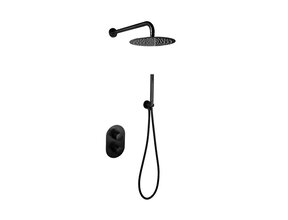 Regendouche set Inbouw Ribbed Mat Zwart Rond 25cm Hoofddouche met handouche en muurbeugel