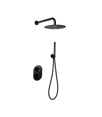 SANI-SUPPLY Regendouche set Inbouw Ribbed Mat Zwart Rond 25cm Hoofddouche met handouche en muurbeugel