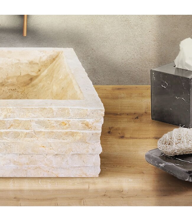 Waskom Natuursteen Alur Vierkant Crème Marmer 40x40x15cm