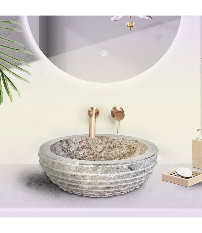 ALONI Waskom Natuursteen Alur Rond Grijs Marmer 35x15cm