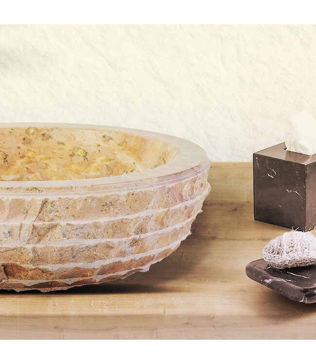 ALONI Waskom Natuursteen Alur Rond Grijs Marmer 35x15cm