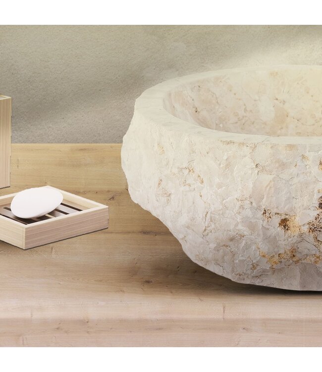 ALONI Waskom Natuursteen Eroso Rond Crème Marmer 35x15cm
