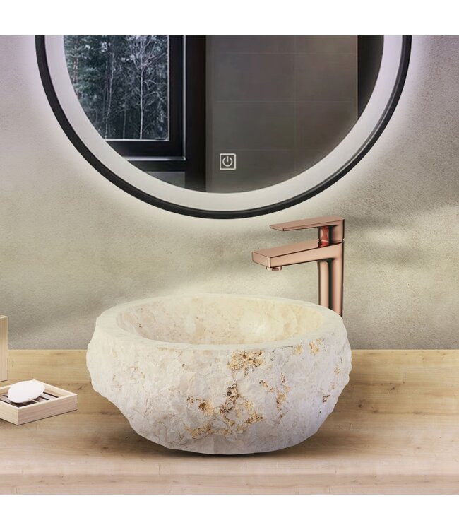 ALONI Waskom Natuursteen Eroso Rond Crème Marmer 35x15cm