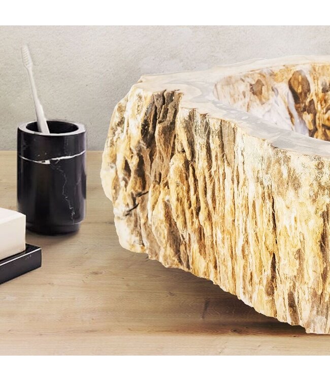 ALONI Waskom Fossiel hout Eroso Rond Bruin Versteend hout 35x15cm