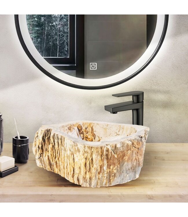 ALONI Waskom Fossiel hout Eroso Rond Bruin Versteend hout 35x15cm