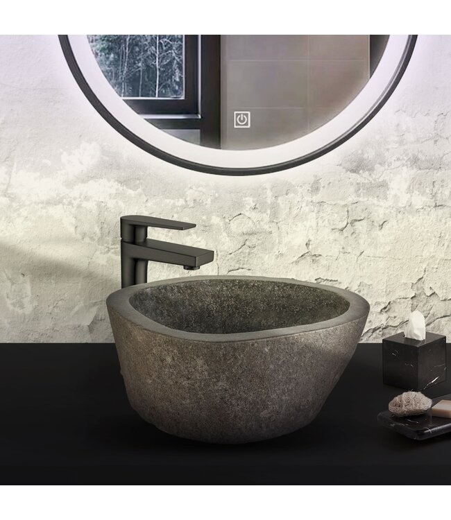 Riviersteen Waskom Fiume Rond Grijs-zwart 35x12cm