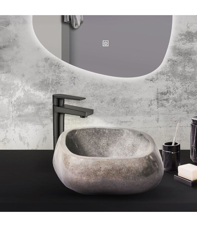 ALONI Riviersteen Waskom Fiume Rond Zwart 35x15cm Volledig Gepolijst