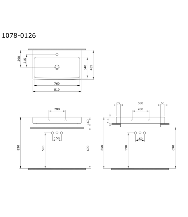 Wastafel Bocchi Scala Wit 80x48x10cm met kraangat en overloop