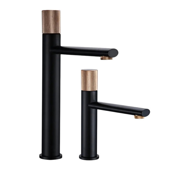 Wastafelkraan Ribbed Lux Mat Zwart - Koper Laag