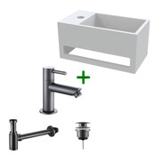 Aloni Fonteinset Bella Zwart Links Fontein met handdoekhouder Solid surface en Mat Zwart Kraan Aloni Fonteinset Bella Zwart Links Fontein met handdoekhouder Solid surface en Mat Zwart Kraan