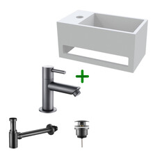 Aloni Fonteinset Bella Zwart Links Fontein met handdoekhouder Solid surface en Mat Zwart Kraan