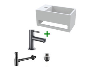 Aloni Fonteinset Bella Zwart Links Fontein met handdoekhouder Solid surface en Mat Zwart Kraan