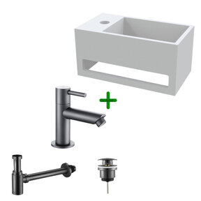 Aloni Fonteinset Bella Zwart Links Fontein met handdoekhouder Solid surface en Mat Zwart Kraan