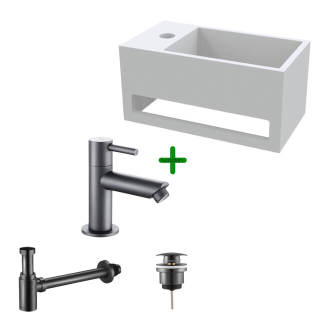 Aloni Fonteinset Bella Zwart Links Fontein met handdoekhouder Solid surface en Mat Zwart Kraan Aloni Fonteinset Bella Zwart Links Fontein met handdoekhouder Solid surface en Mat Zwart Kraan