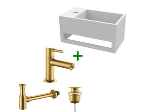 Aloni Fonteinset Bella Geborsteld Goud Links Fontein met handdoekhouder Solid surface en Geborsteld Goud Kraan