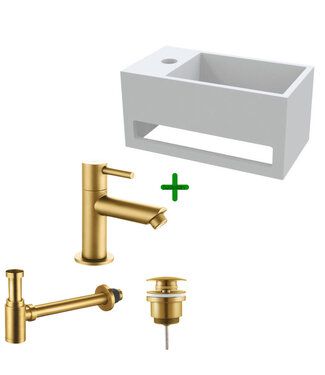 ALONI Aloni Fonteinset Bella Geborsteld Goud Links Fontein met handdoekhouder Solid surface en Geborsteld Goud Kraan