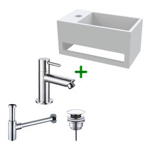 Aloni Fonteinset Bella Chroom Links Fontein met handdoekhouder Solid surface en Chroom Kraan