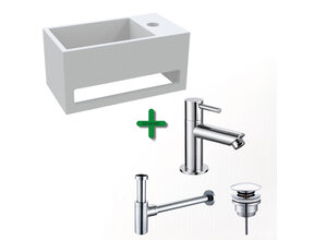 Aloni Fonteinset Bella Chroom Rechts Fontein met handdoekhouder Solid surface en Chroom Kraan