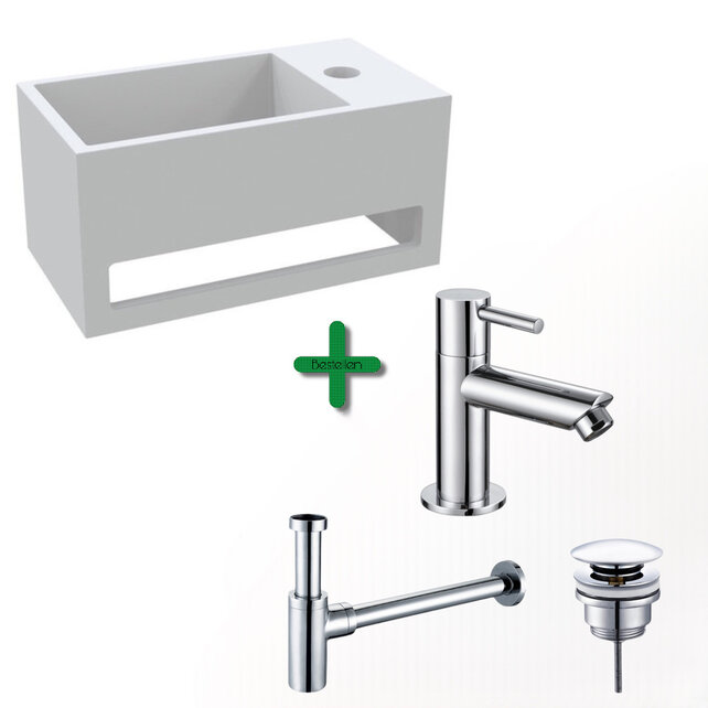 Aloni Fonteinset Bella Chroom Rechts Fontein met handdoekhouder Solid surface en Chroom Kraan Aloni Fonteinset Bella Chroom Rechts Fontein met handdoekhouder Solid surface en Chroom Kraan