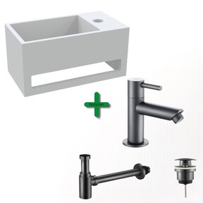 Aloni Fonteinset Bella Gun Metal Rechts Fontein met handdoekhouder Solid surface en Gun Metal Kraan