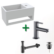 Aloni Fonteinset Bella Zwart Rechts Fontein met handdoekhouder Solid surface en Mat Zwart Kraan Aloni Fonteinset Bella Zwart Rechts Fontein met handdoekhouder Solid surface en Mat Zwart Kraan