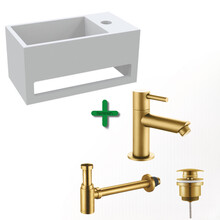 Aloni Fonteinset Bella Geborsteld Goud Rechts Fontein met handdoekhouder Solid surface en Geborsteld Goud Kraan