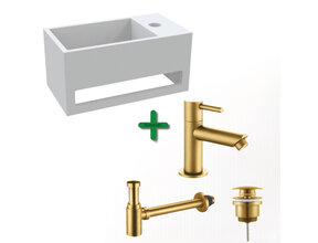 Aloni Fonteinset Bella Geborsteld Goud Rechts Fontein met handdoekhouder Solid surface en Geborsteld Goud Kraan