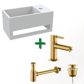 Aloni Fonteinset Bella Geborsteld Goud Rechts Fontein met handdoekhouder Solid surface en Geborsteld Goud Kraan