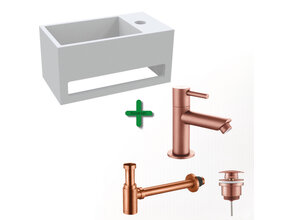 Aloni Fonteinset Bella Geborsteld Koper Rechts Fontein met handdoekhouder Solid surface en Geborsteld Koper Kraan