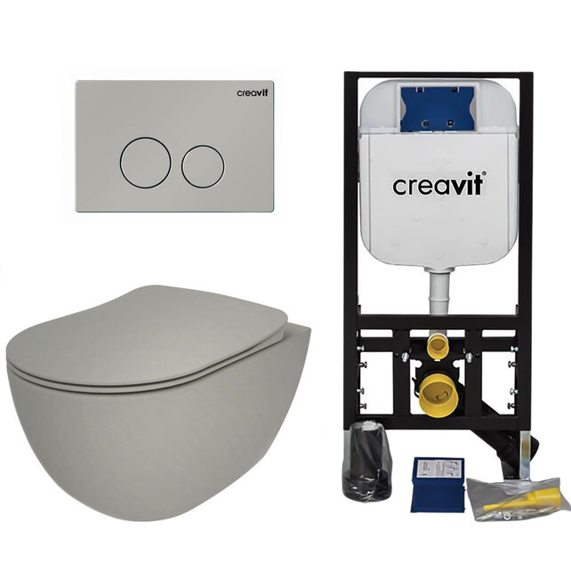 Creavit Toiletsets Freedom Mat Grijs Randloos Toilet met Softclose toiletbril en Drukplaat Creavit Toiletsets Freedom Mat Grijs Randloos Toilet met Softclose toiletbril en Drukplaat