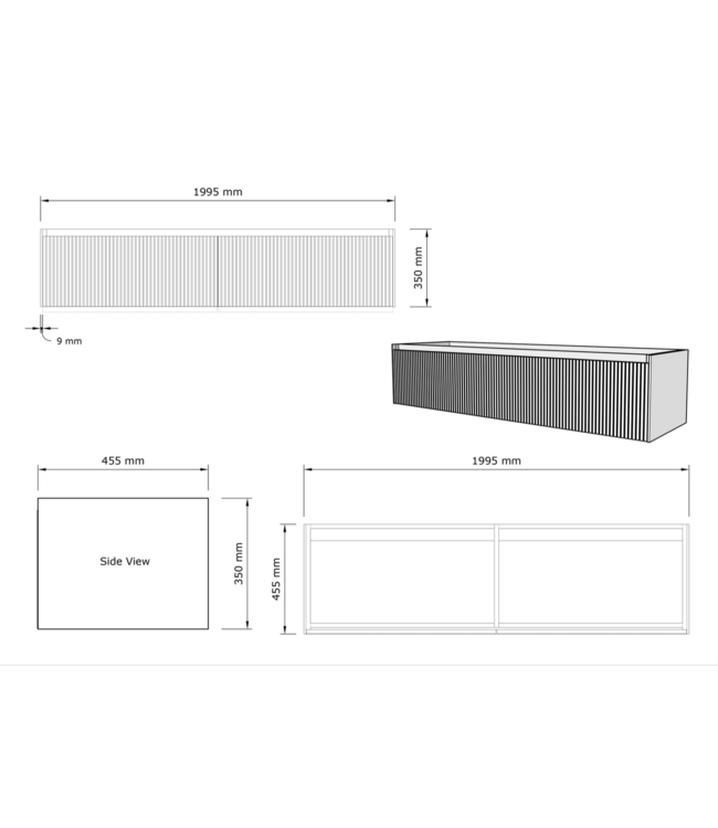 GLISS DESIGN Gliss Design Wastafelonderkast Ribbelfront Charcoal 200cm 2 lades Timotheus