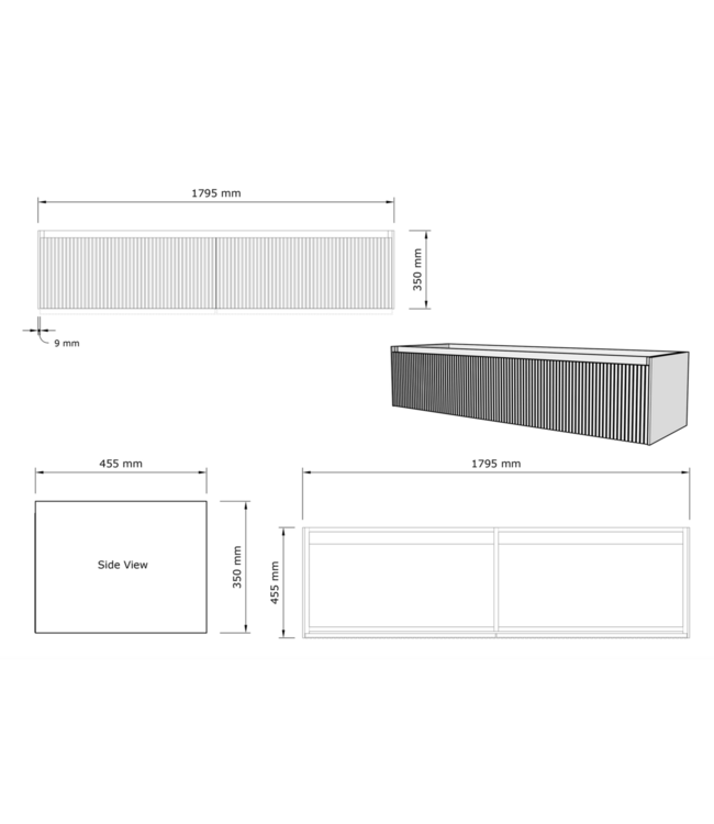 GLISS DESIGN Gliss Design Wastafelonderkast Ribbelfront Charcoal 180cm 2 lades Timotheus