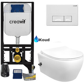 Creavit Toiletsets met Aloni  Glans Wit Hangtoilet Bidetkraan koud geintegreerd - Randloos  met softclose wc-bril