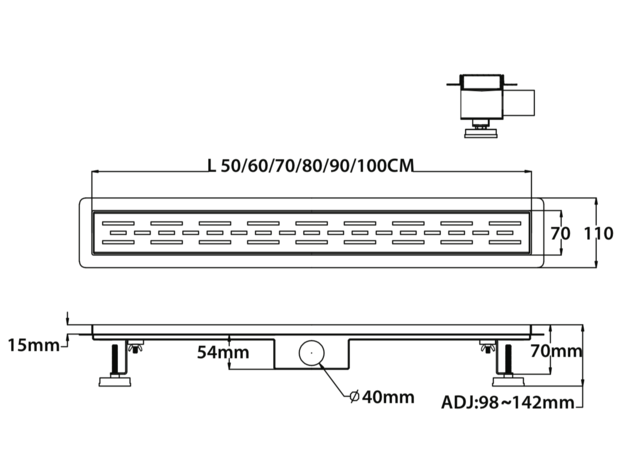 Douchegoot Zwart 60 cm compleet met Flens Uitneembaar Sifon + uitneembaar haarfilter  Roestvrij staal