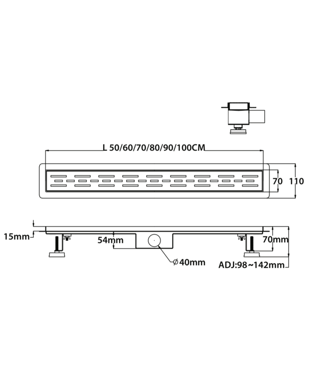 Douchegoot Zwart 90 cm compleet met Flens Uitneembaar Sifon + uitneembaar haarfilter  Roestvrij staal
